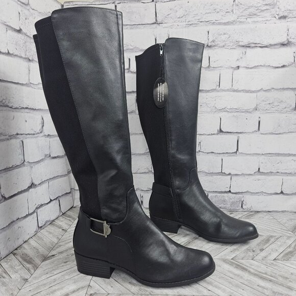 Alfani Womens 9 WC Black Faux Leather Knee High Boots Low Heel Zipper Riding - Picture 1 of 16